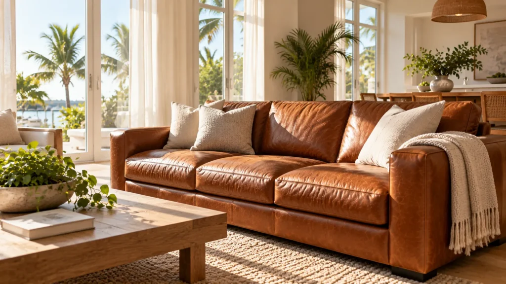Cognac leather sofa in a sunny Tampa living room with sheer curtains
